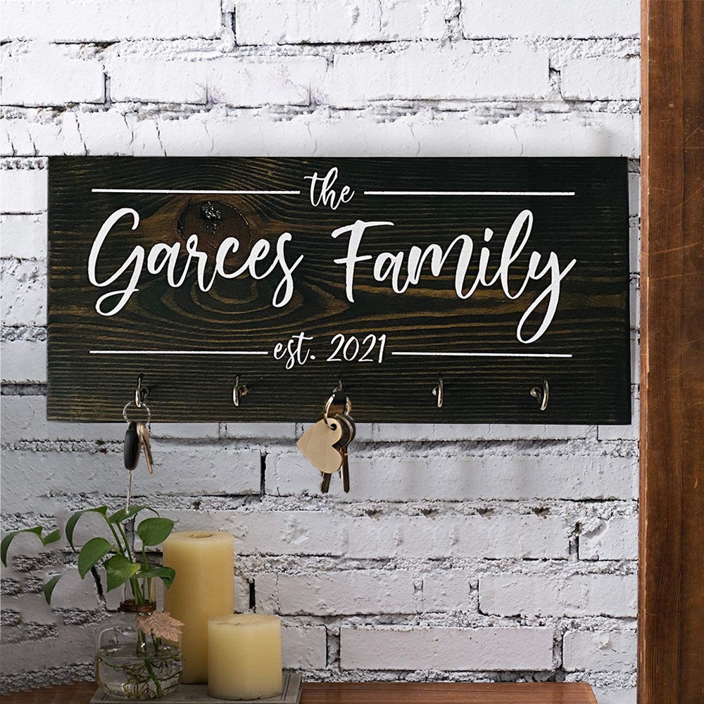 Custom Engraved Family Name Wood Key Holder with Hooks For Wall Housewarming Gift for Couple Wedding Gift