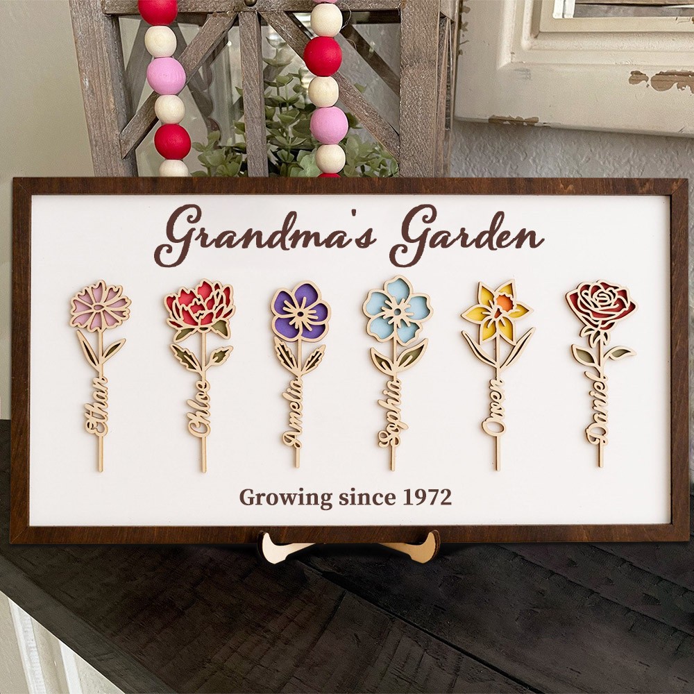 Custom Grandma's Garden Birth Month Flower Frame Sign Personalized Gift Ideas For Grandma Mom Mother's Day Gift