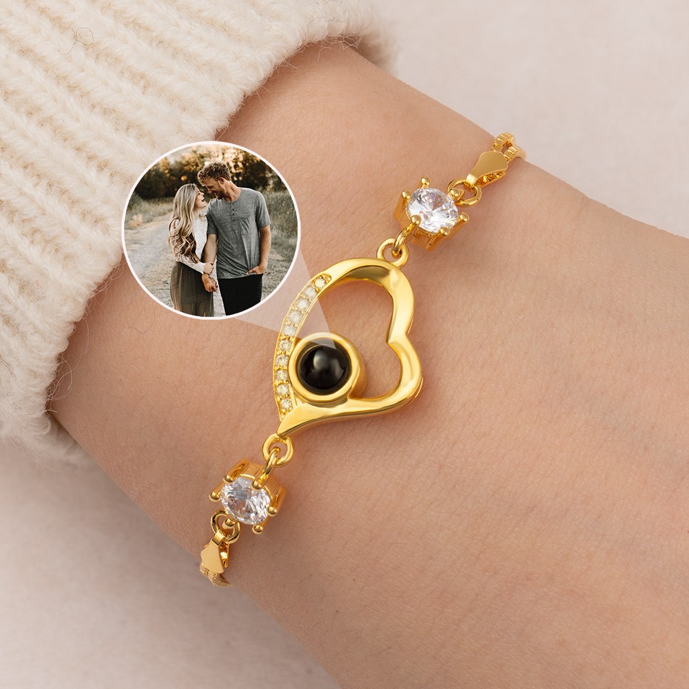 18K Gold Plated Personalized Heart Photo Projection Bracelet Valentine's Day Gift Ideas for Wife Girlfriend