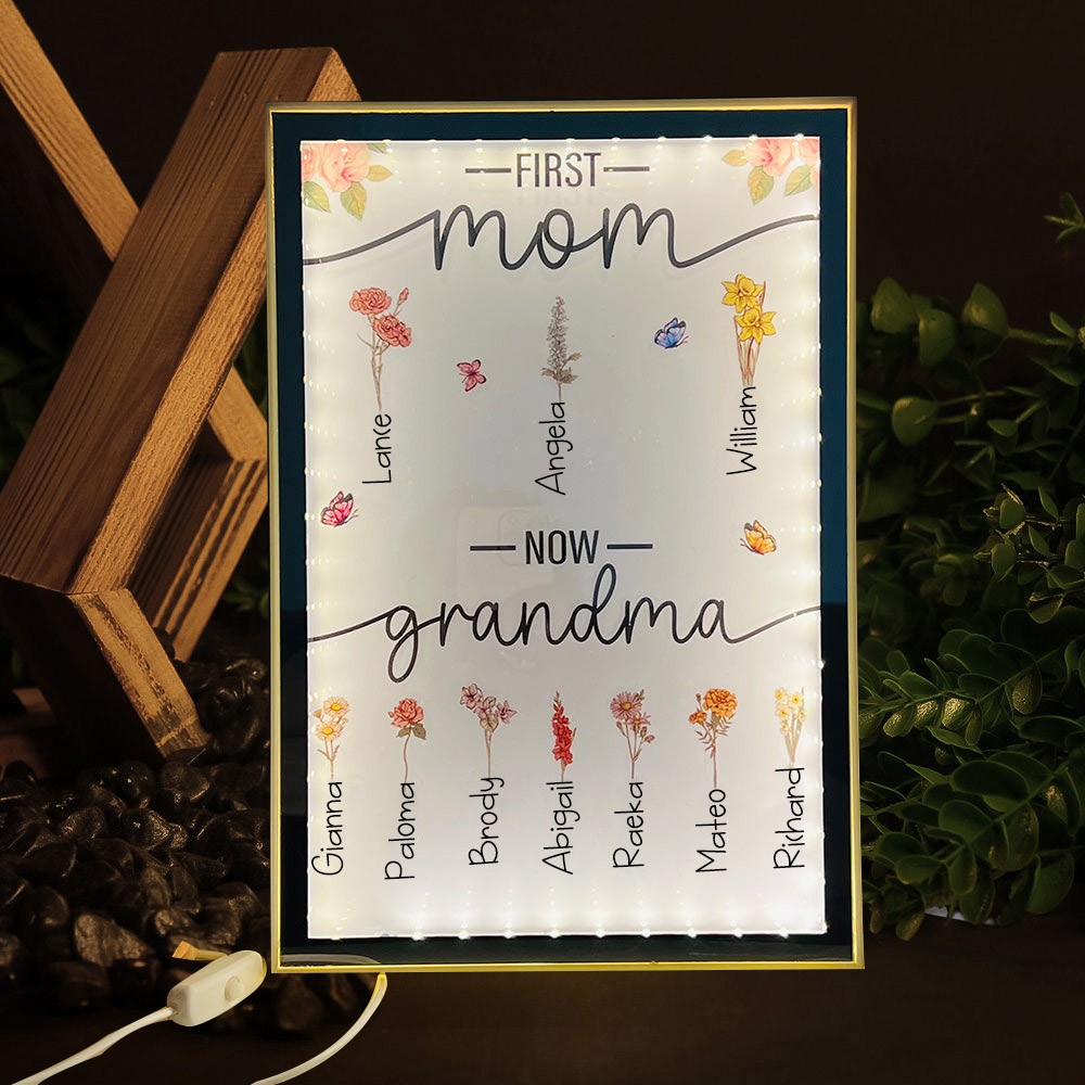 Personalized First Mom Now Grandma Birth Flower Lamp with Kids Names Mother's Day Gift