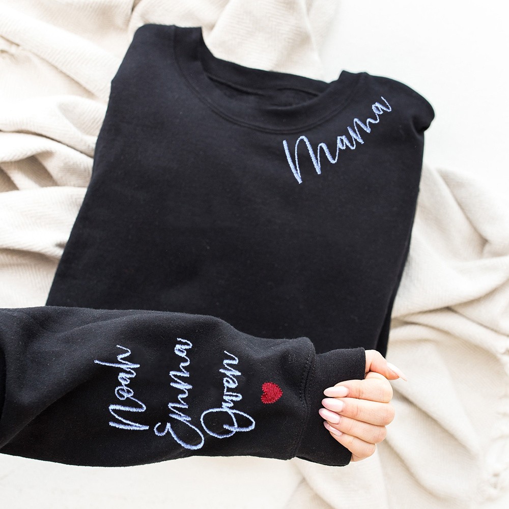 Custom Mama Embroidered Sweatshirt Hoodie with kids Names On The Sleeve Mother's Day Gift