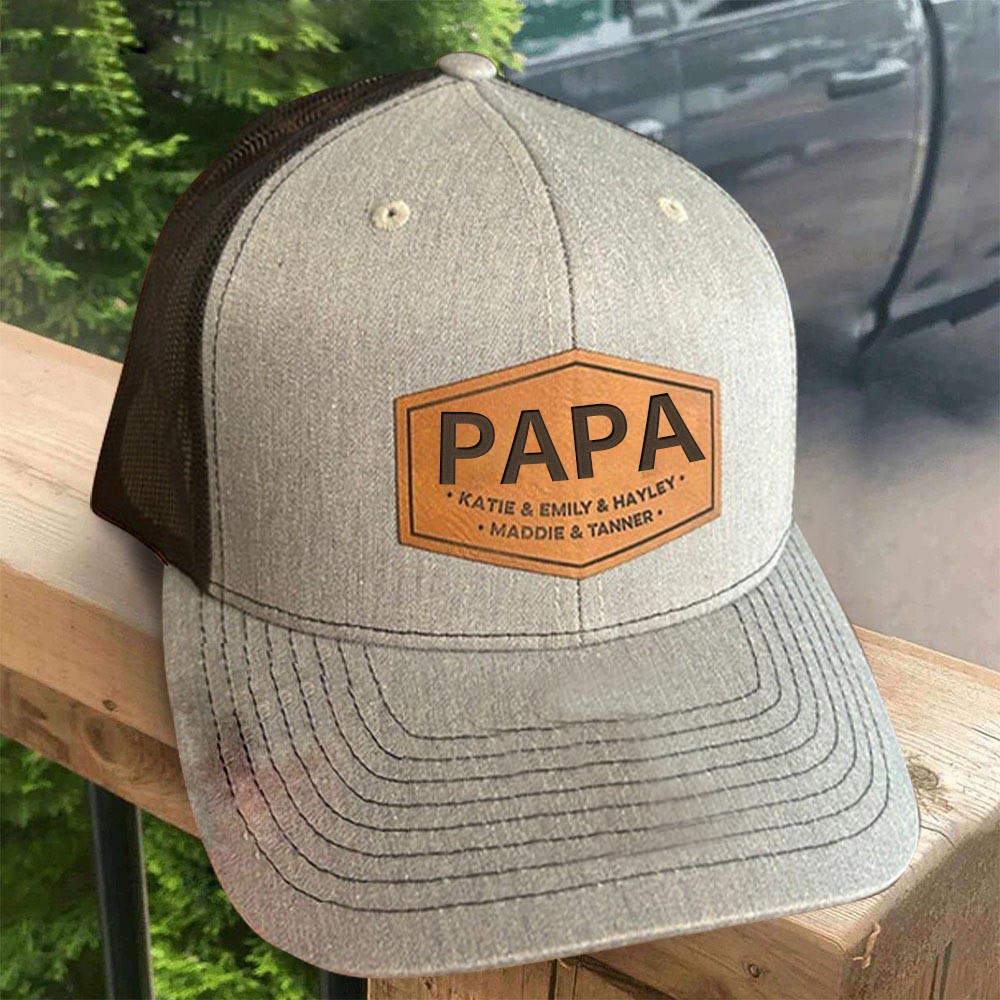 Benutzerdefinierte Pa-aw Echtleder-Patch-Hut-Snapback-Kappe mit Kindernamen, einzigartige Geschenke für Papa, neue Papa-Geschenkideen