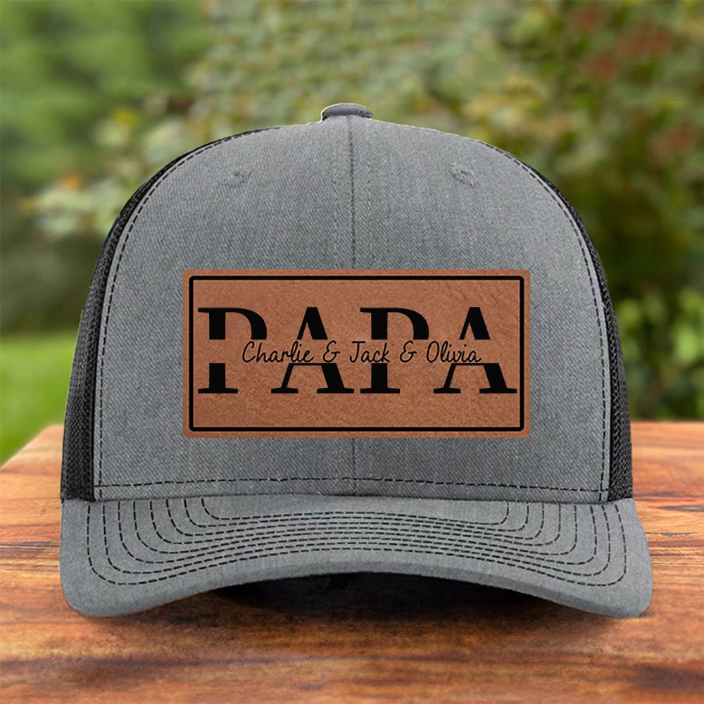 Personalisierte Papa-Mütze aus echtem Leder mit Kindernamen, einzigartiges Andenken-Geschenk für Papa