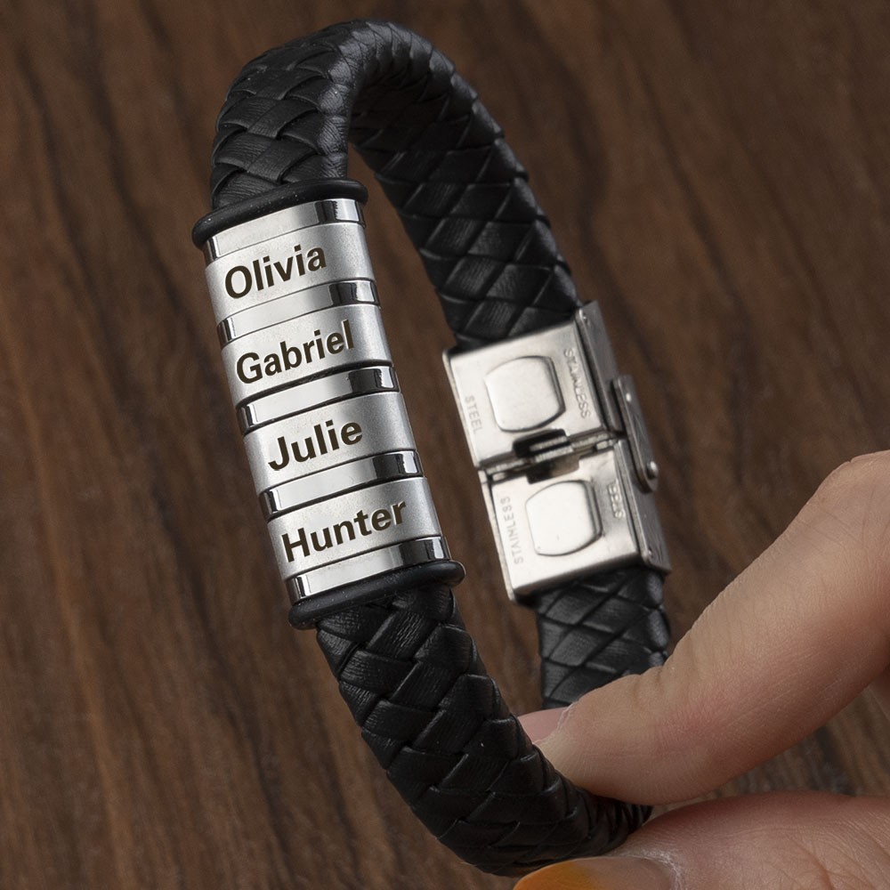 Personalized Men Braided Leather Bracelet With Engraved Names Father's Day Gift