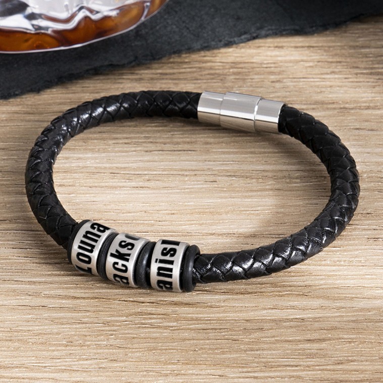 Personalized Braided Leather Bracelet With Engraved Names Father's Day Gift