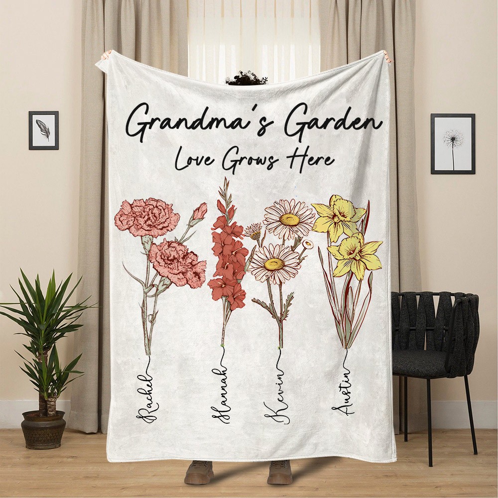 Personalized Love Grows Here Birth Flower Blanket