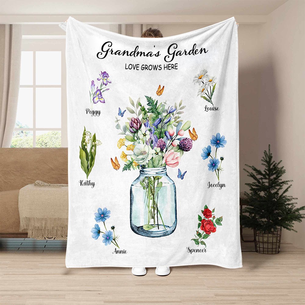 Personalized "Love Grows Here" Birth Flower Blanket for Her 