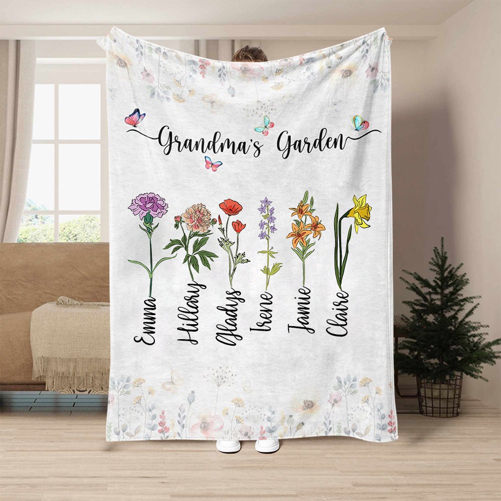 Personalized Birth Flower Print Art Blanket with Names 