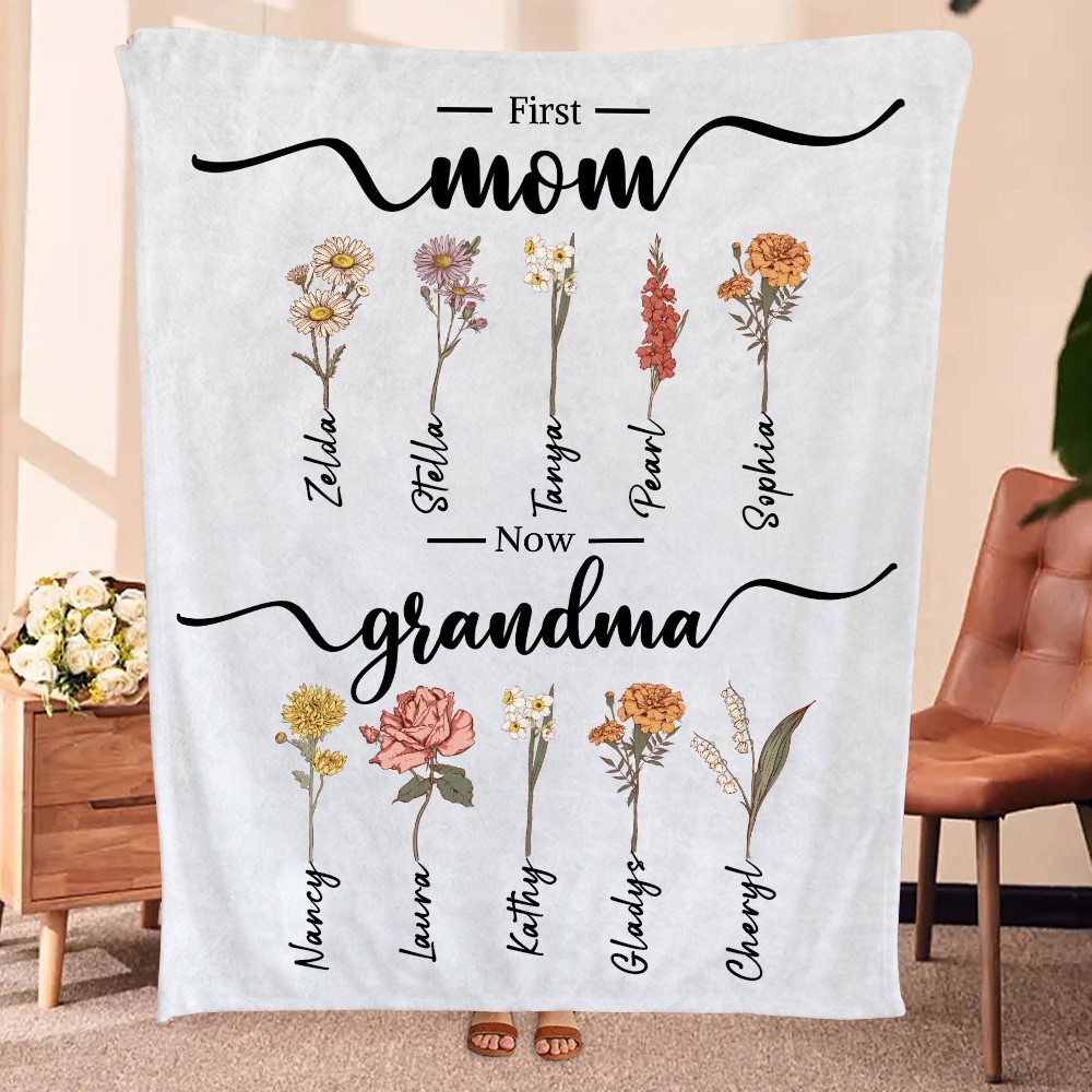 Personalized Birth Month Flower Print Art Blanket for Her