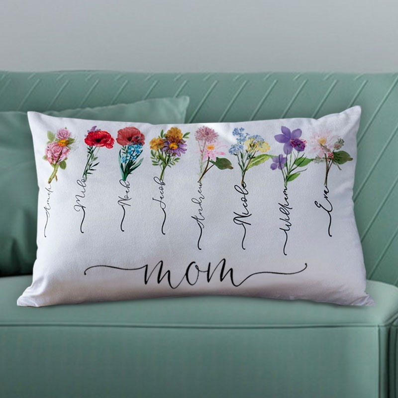 Personalized Birth Flower Pillow with Mom Nickname