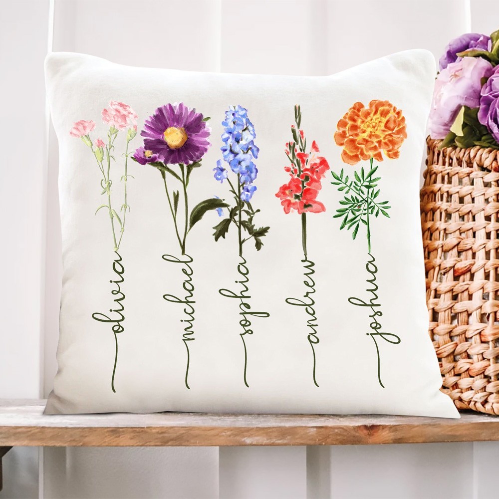 Personalized Birth Flower Print Art Pillow with Names