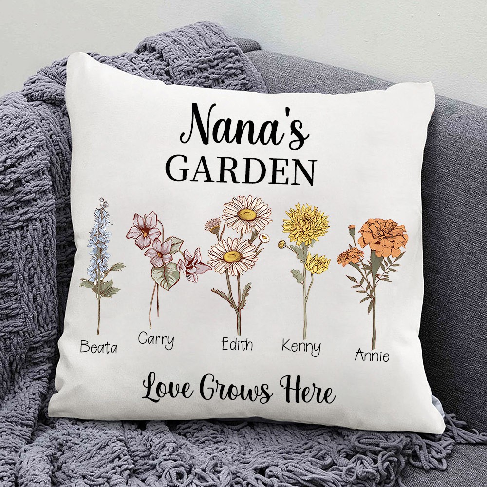 Personalized Nana's Garden Birth Flower Pillow with Kids Names