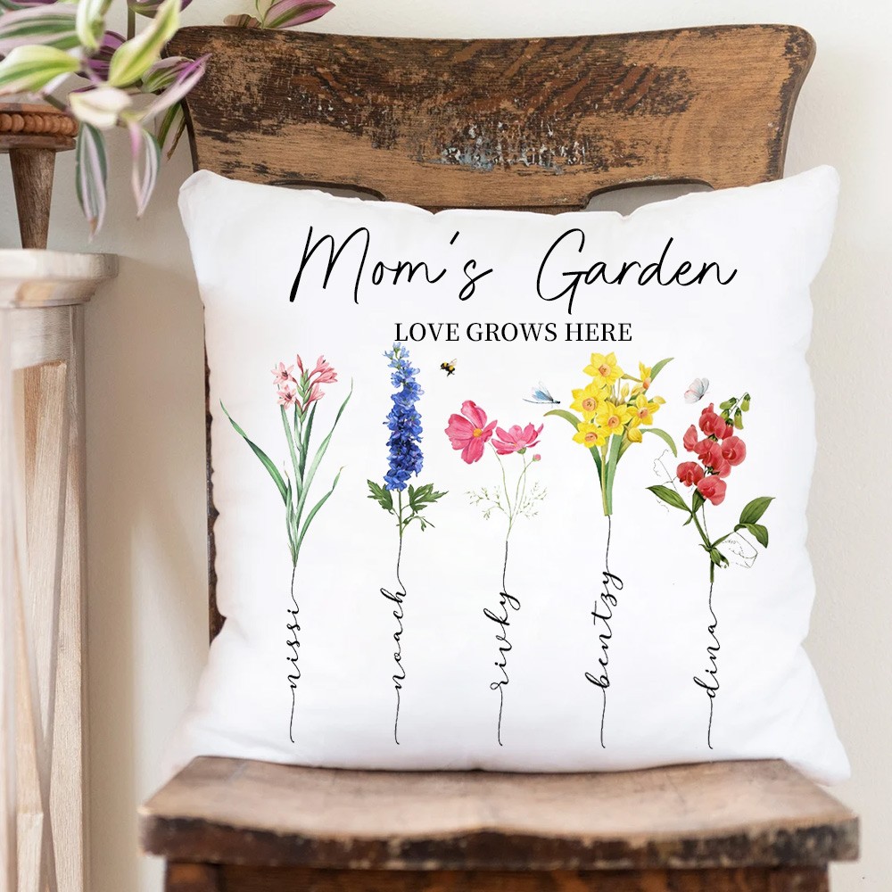 Personalized Love Grows Here Birth Flower Pillow for Grandma