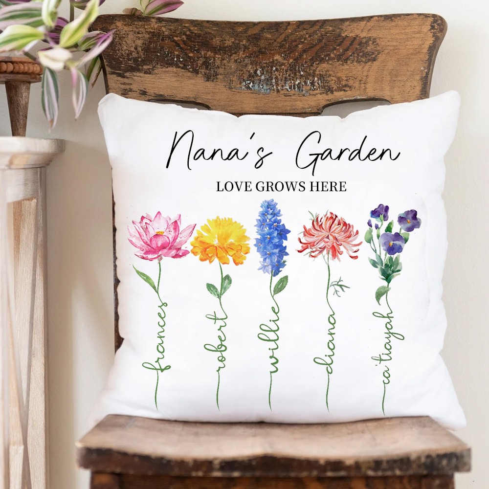 Personalized Nana's Garden Birth Flower Pillow with Kids Names