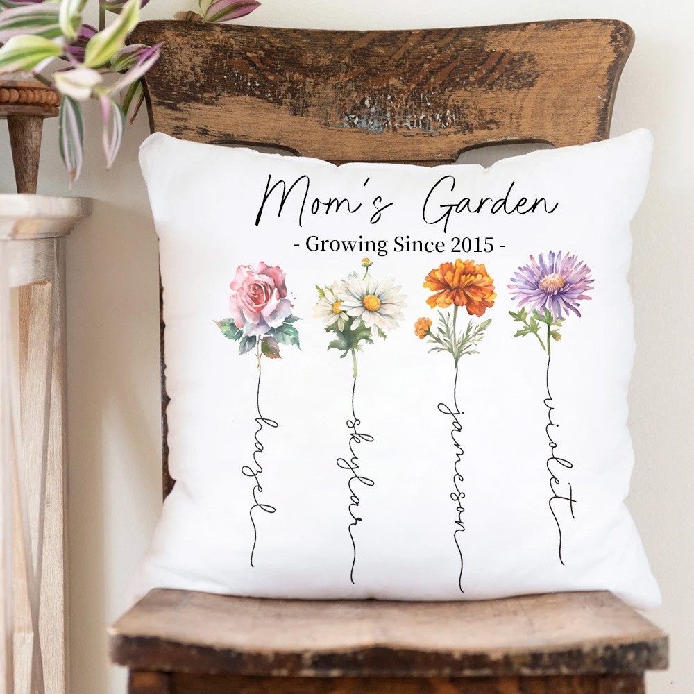 Personalized Mom's Garden Birth Flower Pillow with Kids Names