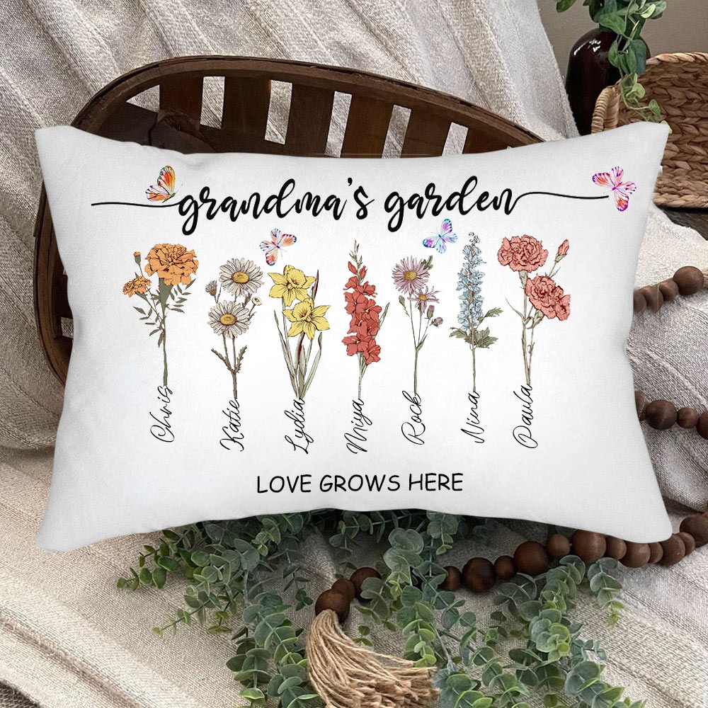 Personalized Birth Flower Print Art Pillow For Mom Grandma