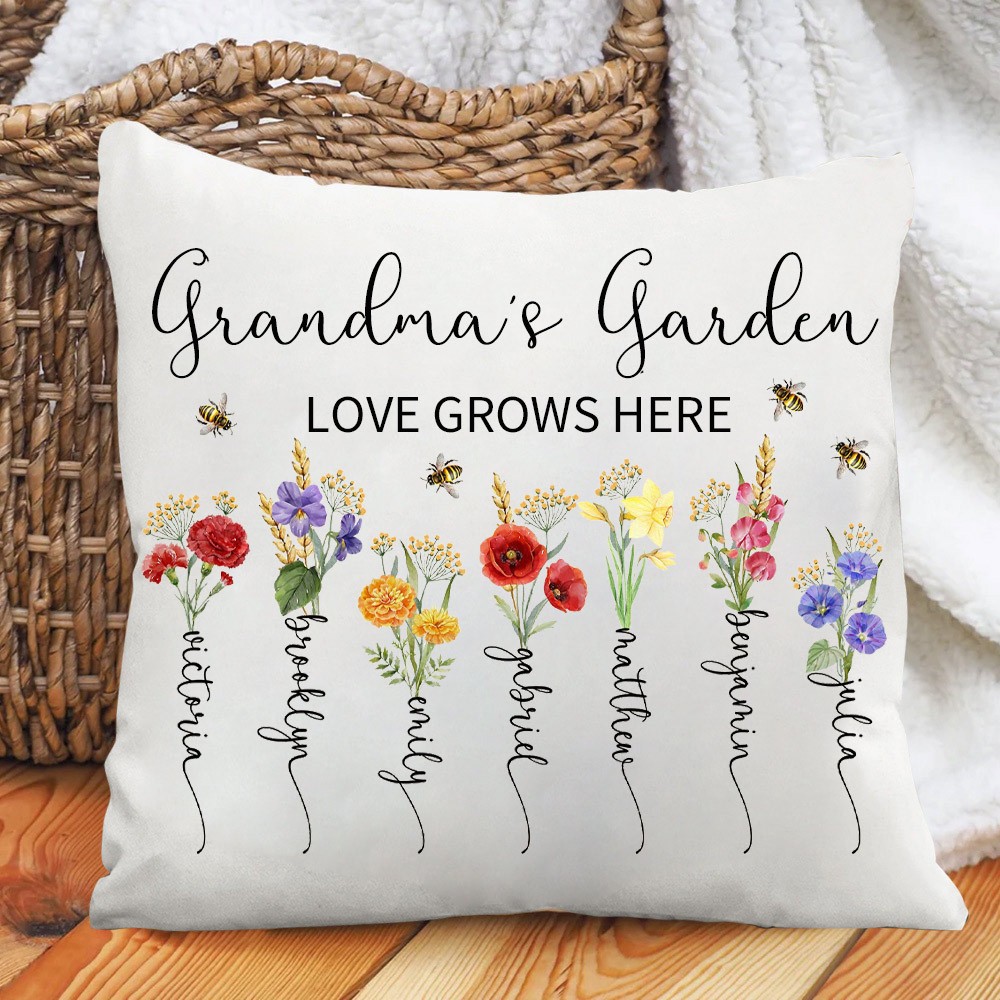 Personalized "Love Grows Here" Birth Flower Pillow with Names 