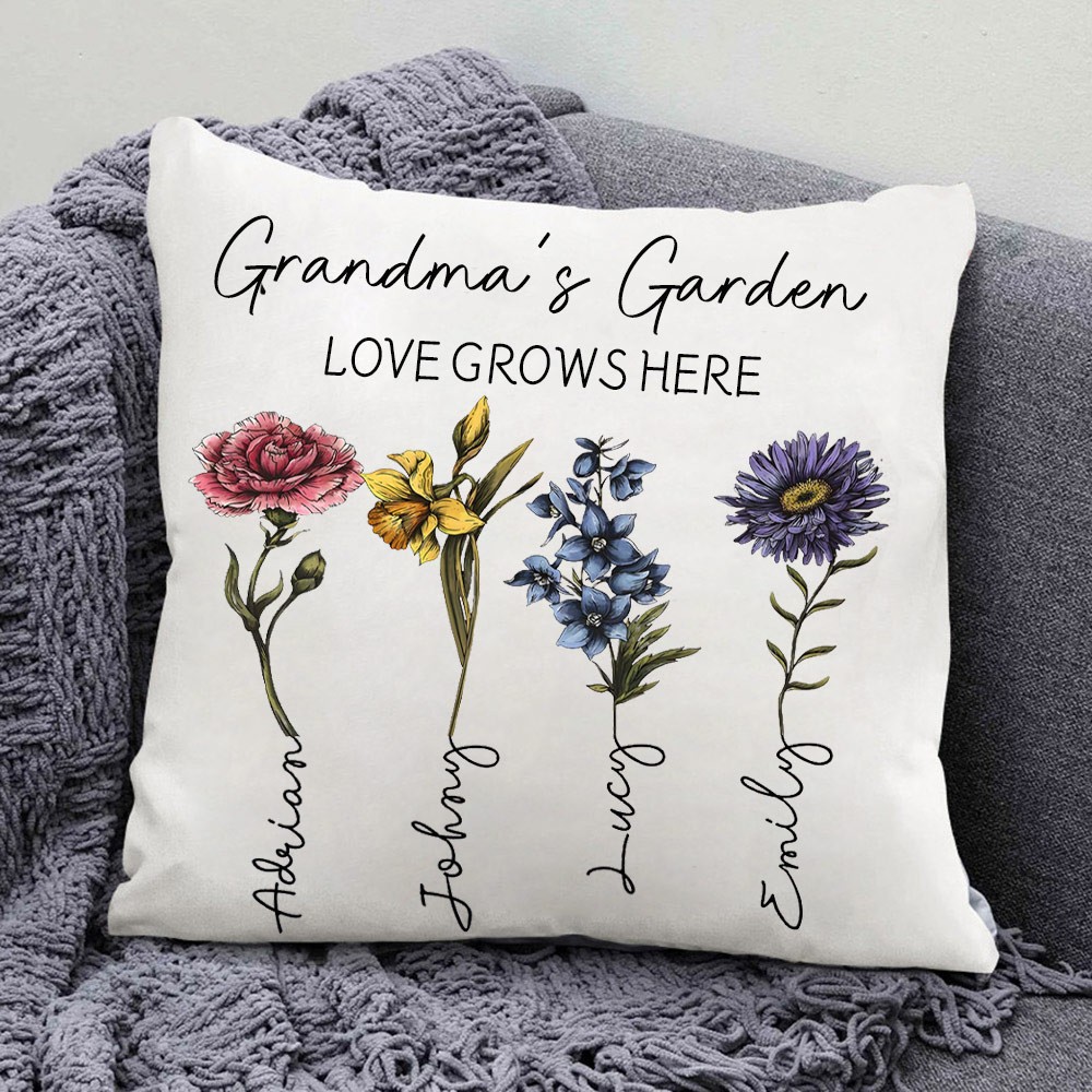 Personalized Love Grows Here Birth Flower Pillow for Nana Mom