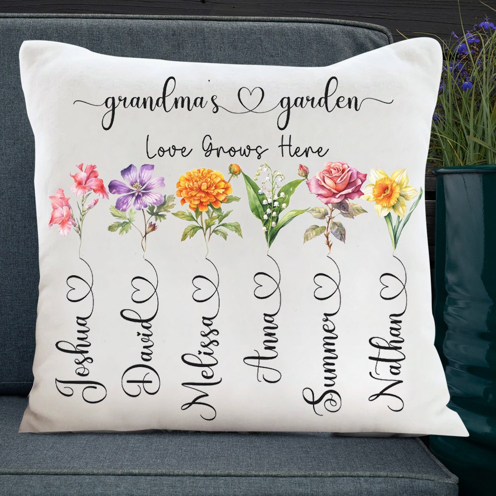 Personalized Love Grows Here Birth Flower Pillow for Her