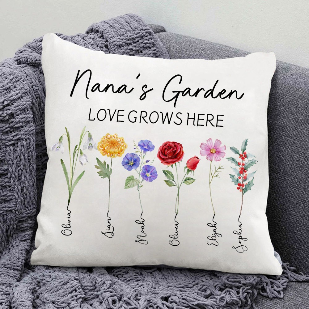 Personalized Nana's Garden Birth Flower Pillow with Kids Names