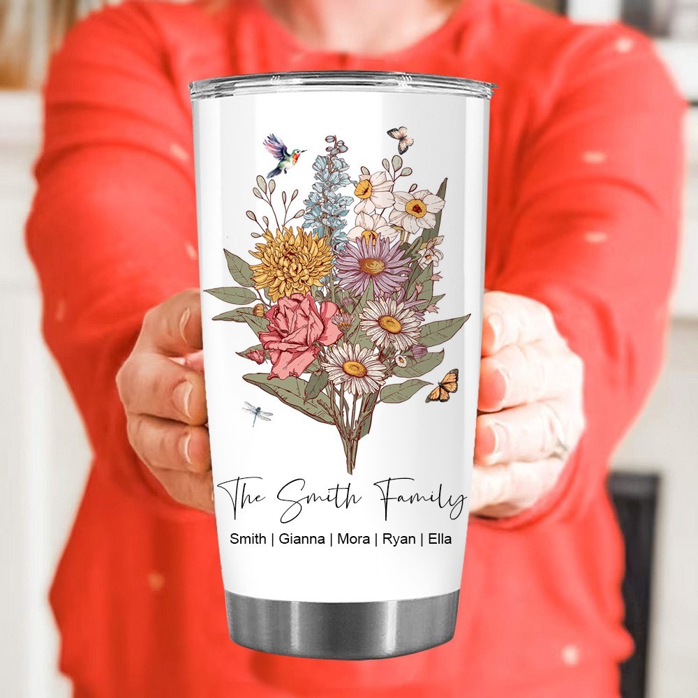 Personalized Birth Flower Bouquet Tumbler for Mom,Grandma