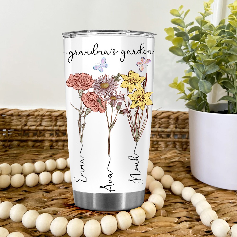 Personalized Birth Flower Tumbler with Engraved Names 