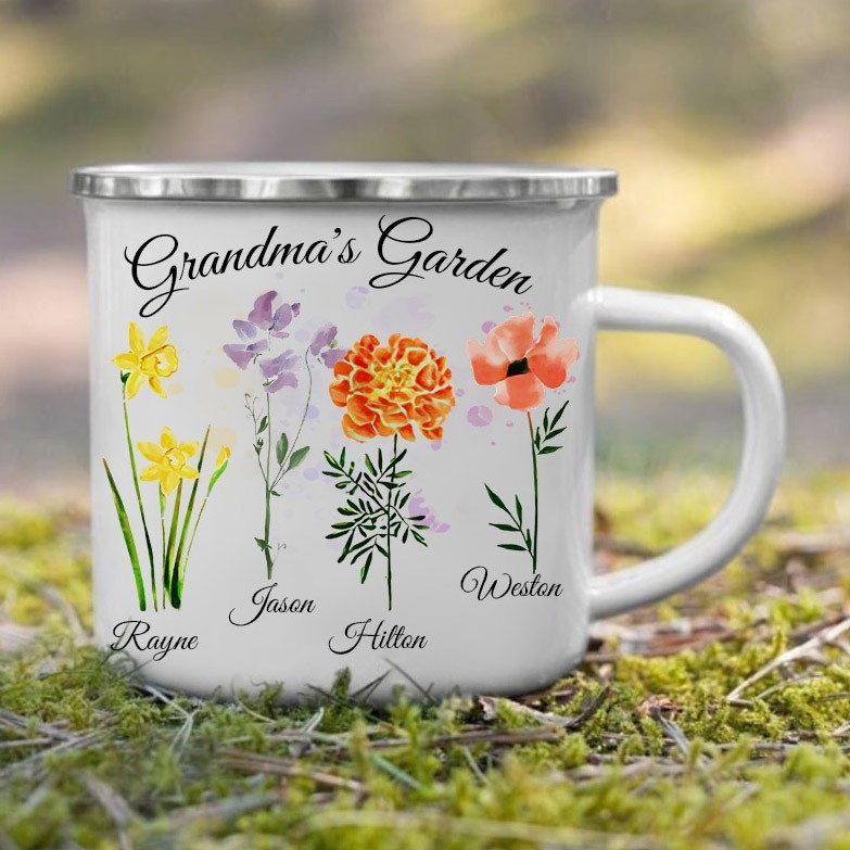 Personalized Grandma's Birth Flower Camping Mug with Kids Names