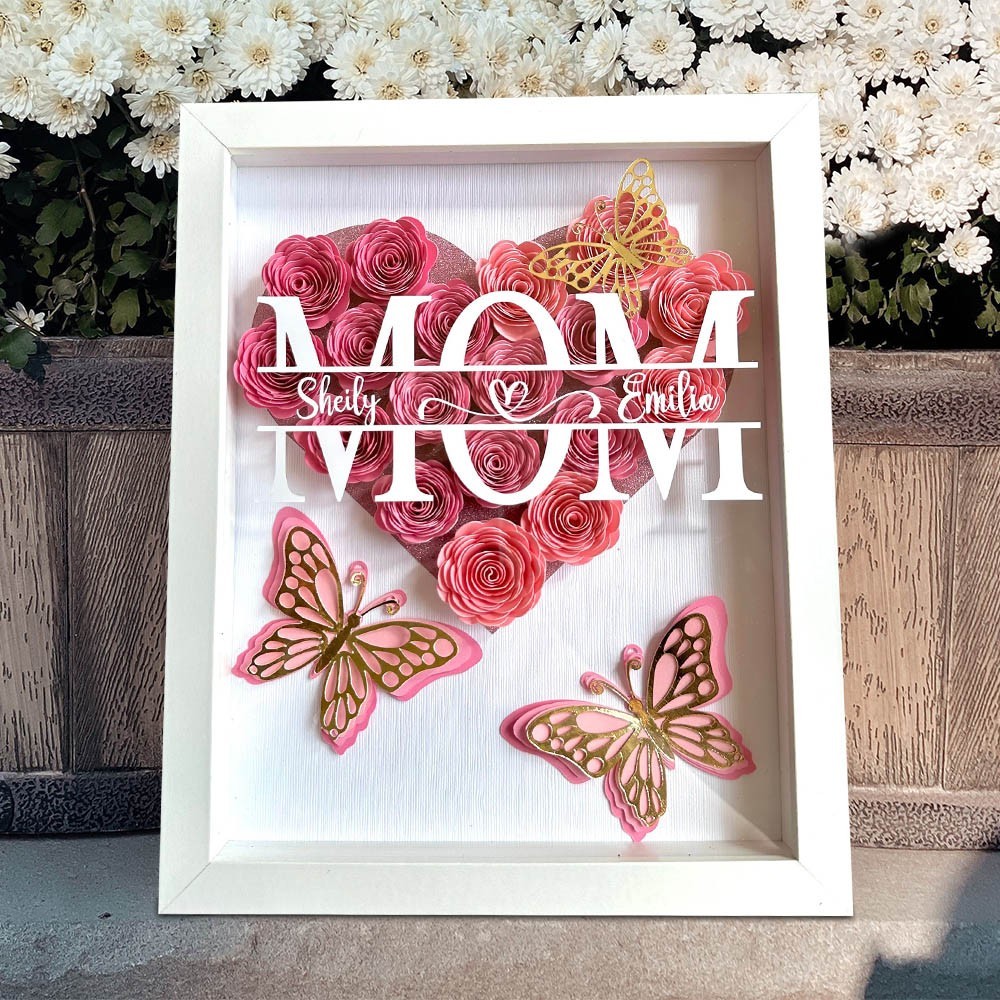 Personalized Mom with Kids Names Heart Flower Shadow Box with Butterfly