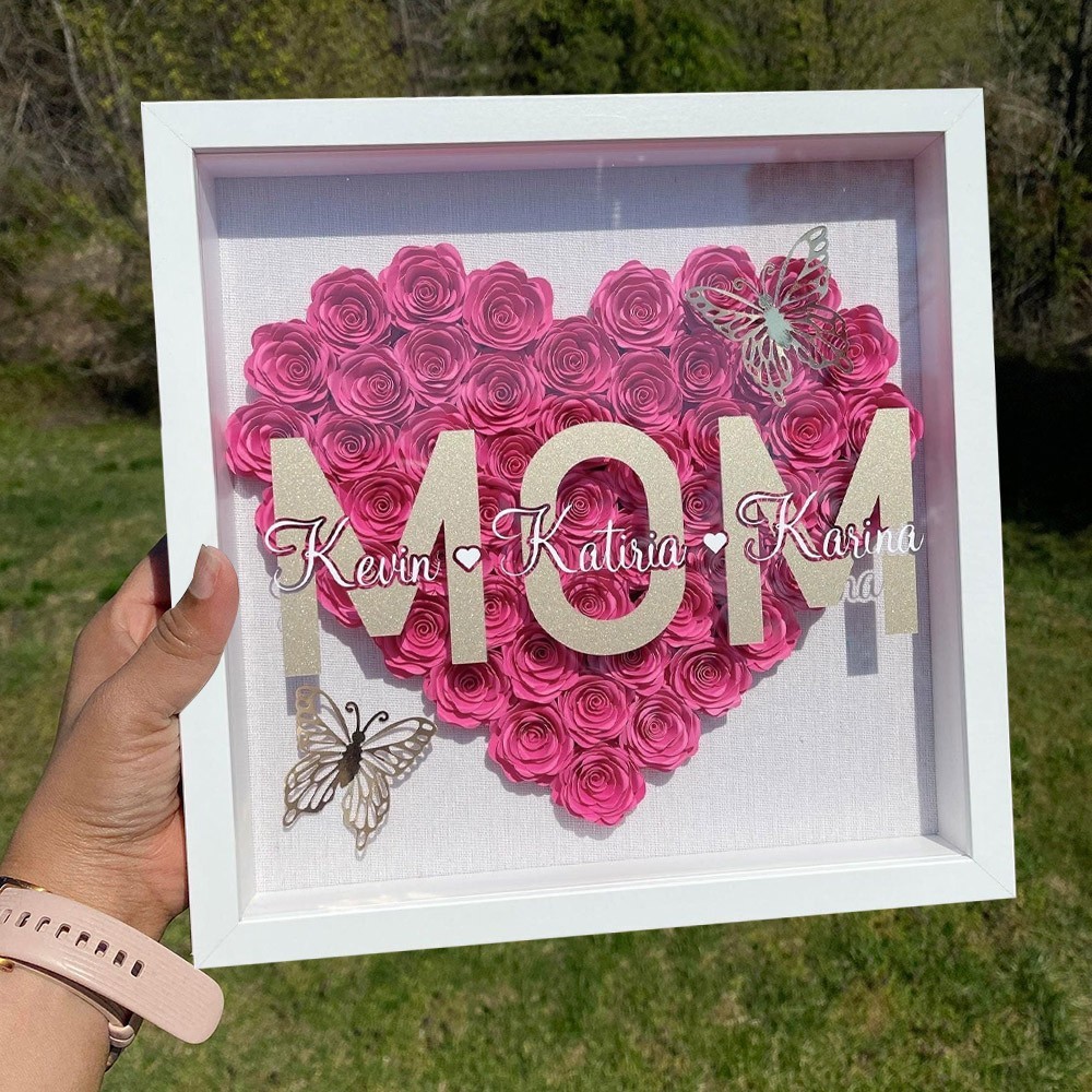 Personalized Mama with Kids Names Flower Shadow Box