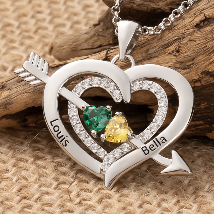 Personalized Heart Shape Cupid Arrow Name Necklace With Birthstone Couple Gift Anniversary Gift For Her