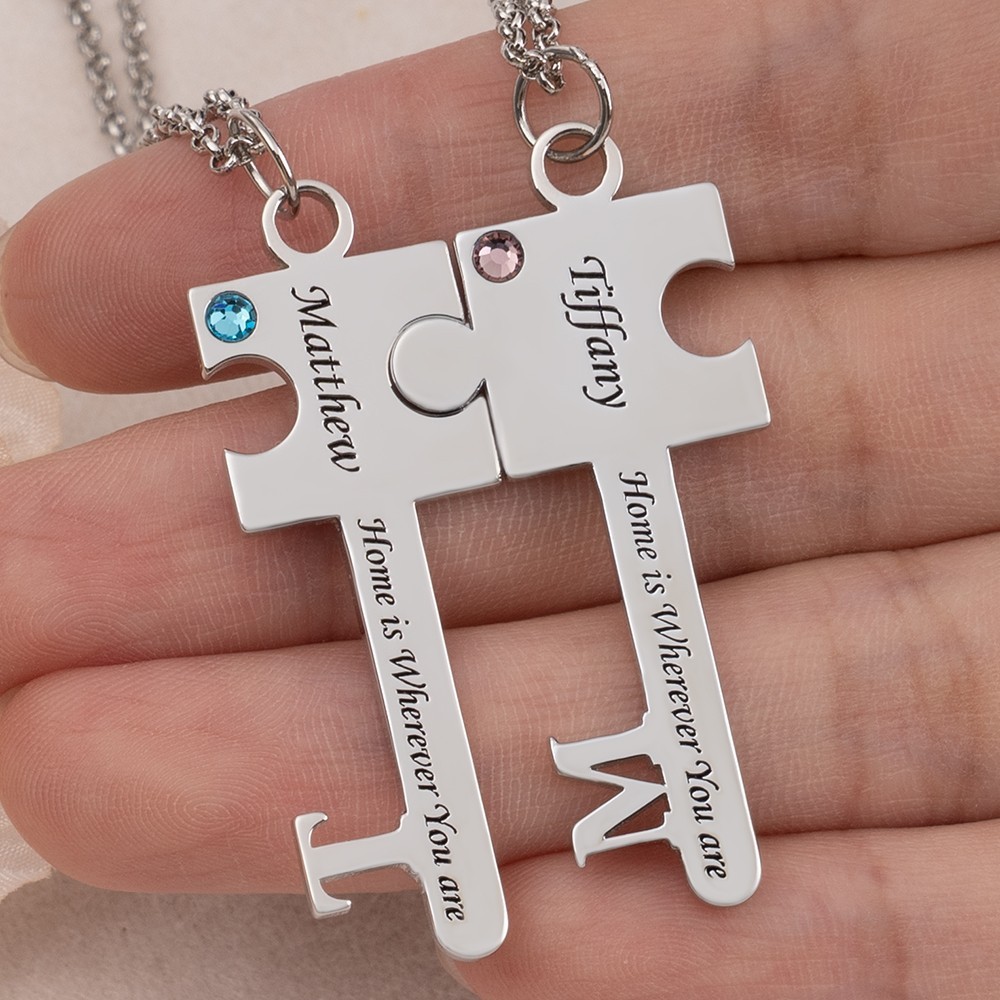 Personalized Puzzle Key Necklace Set With Name Birthstone Love Gift For Couple Anniversary Gift For Her