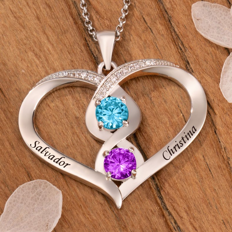 Personalized Heart Shaped Birthstones Necklace with Names Gift for Couple Anniversary Gift Ideas For Soulmate