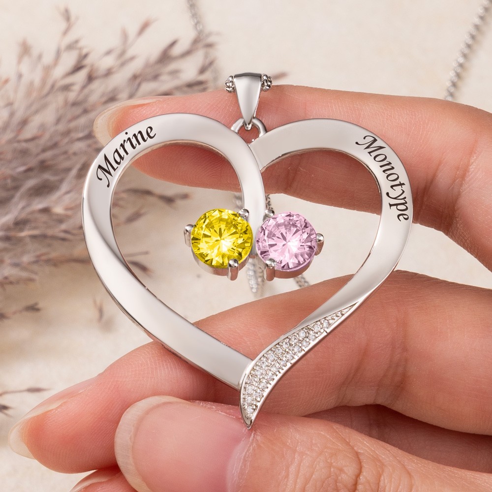 Personalized Couple Heart Name Necklace with Birthstones Unique Gift For Soulmate Birthday Gift Ideas