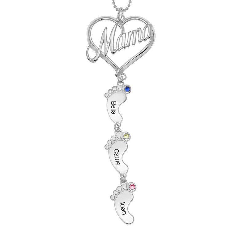 Personalized Mama Name Birthstone Necklace with Baby Feet Pendants Mother's Day Gift Ideas