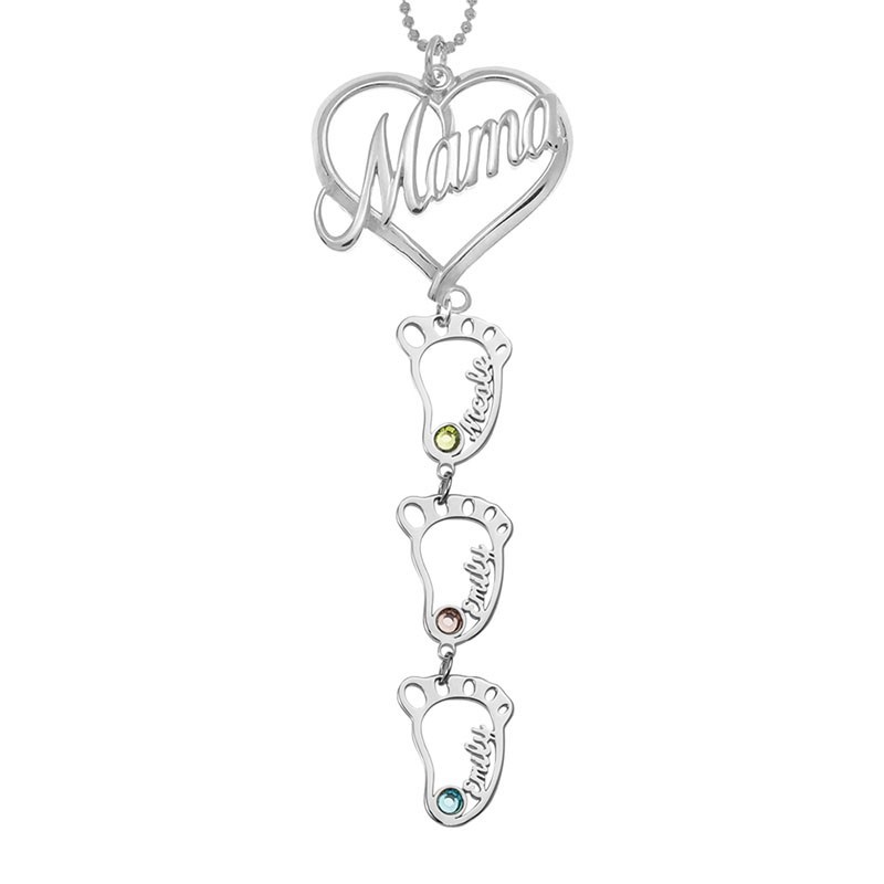 Personalized Engraved Baby Feet Name Pendants Mama Birthstone Necklace Gift For Mom Grandma