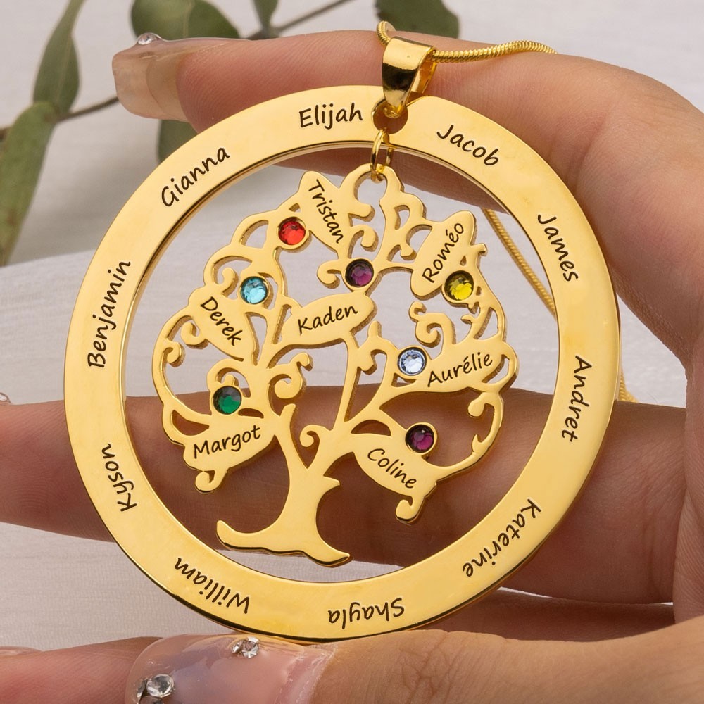 Personalized 1-10 Birthstones Family Tree Necklace With Engraved Names Keepsake Gifts For Mom Grandma