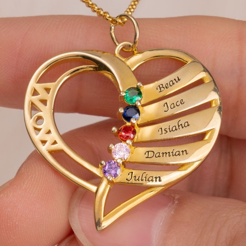 Personalized Heart Shaped Mom Birthstones Necklace With Kids Names Mother's Day Gift Ideas