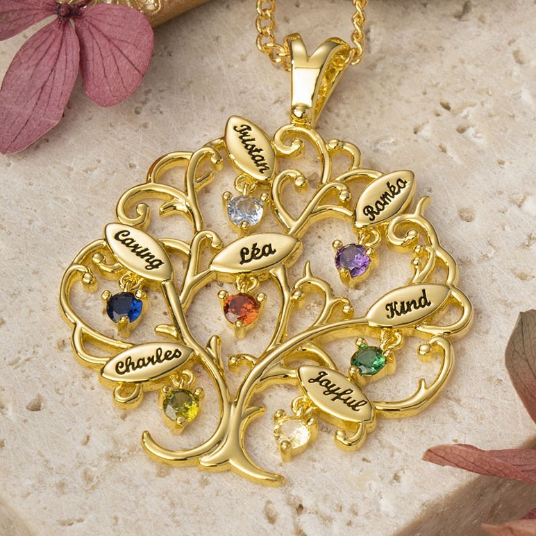 Personalized 1-7 Birthstones Family Tree Necklace With Engraved Kids Names Mother's Day Gift Ideas