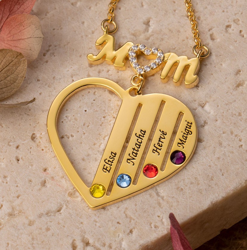 Personalized Heart Shaped Mom Necklace With Engraved Names And Birthstones Family Gifts Ideas