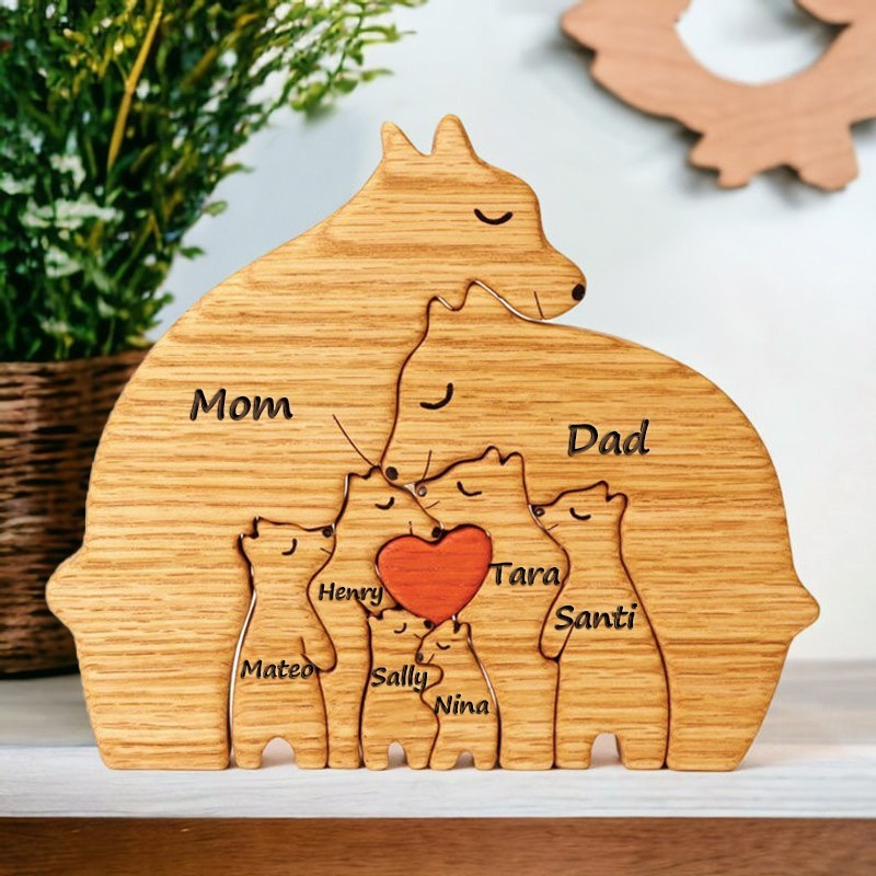 Personalized Hugging Bear Wooden Family Puzzle with Names