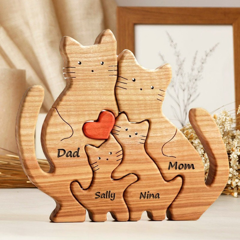 Personalized Wooden Cat Figurines Family Puzzle with Names