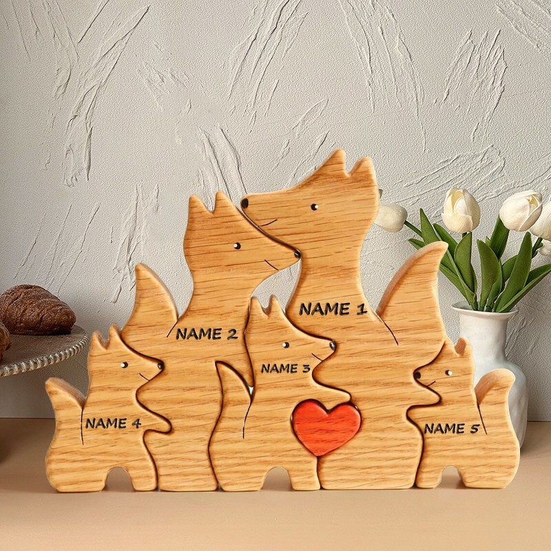 Personalized Wooden Fox Figurines Family Puzzle with Names