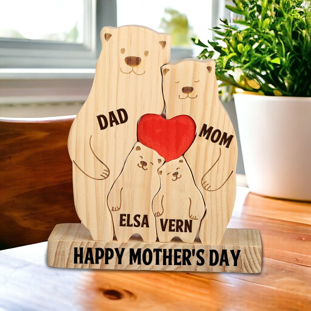 Personalized Wooden Bear Family Puzzle with Engraved Names