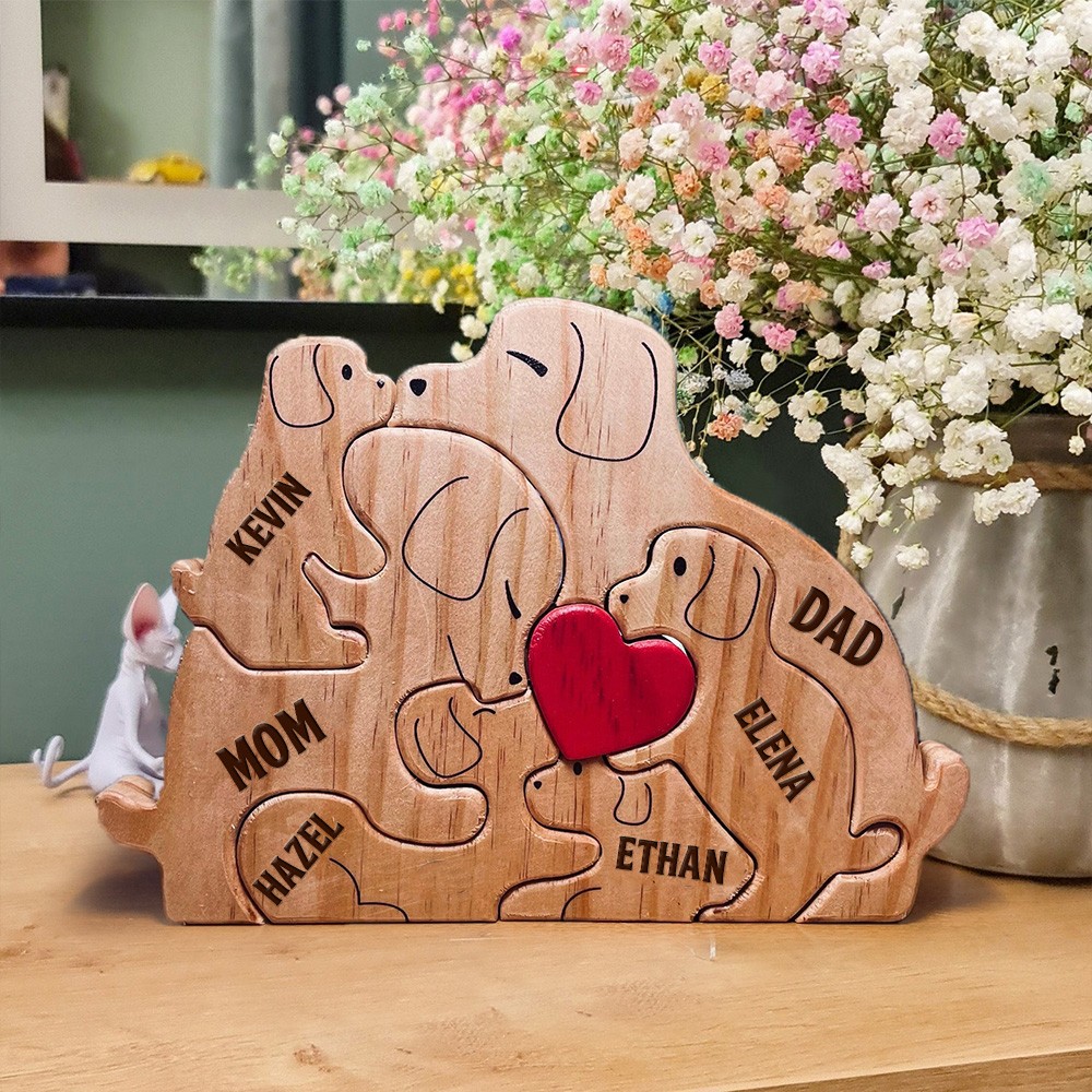 Personalized Wooden Dog Engraved Names Family Puzzle