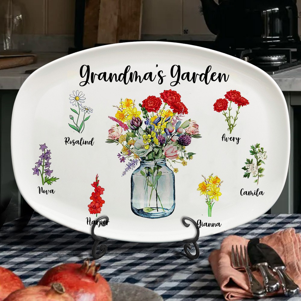 Personalized Grandma's Garden Birth Flower Platter with Kids Names