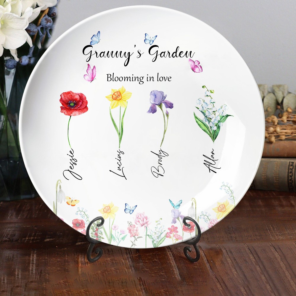 Personalized Birth Flower Platter with Kids Names for Her