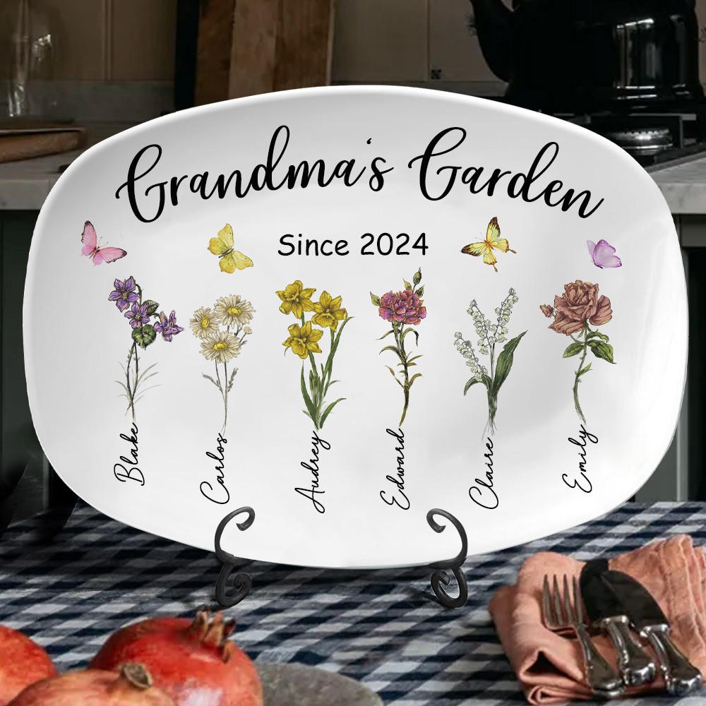 Custom Grandma's Garden Birth Flower Platter With Grandkids Names Family Keepsake Gift for Mom Grandma Mother's Day Gift