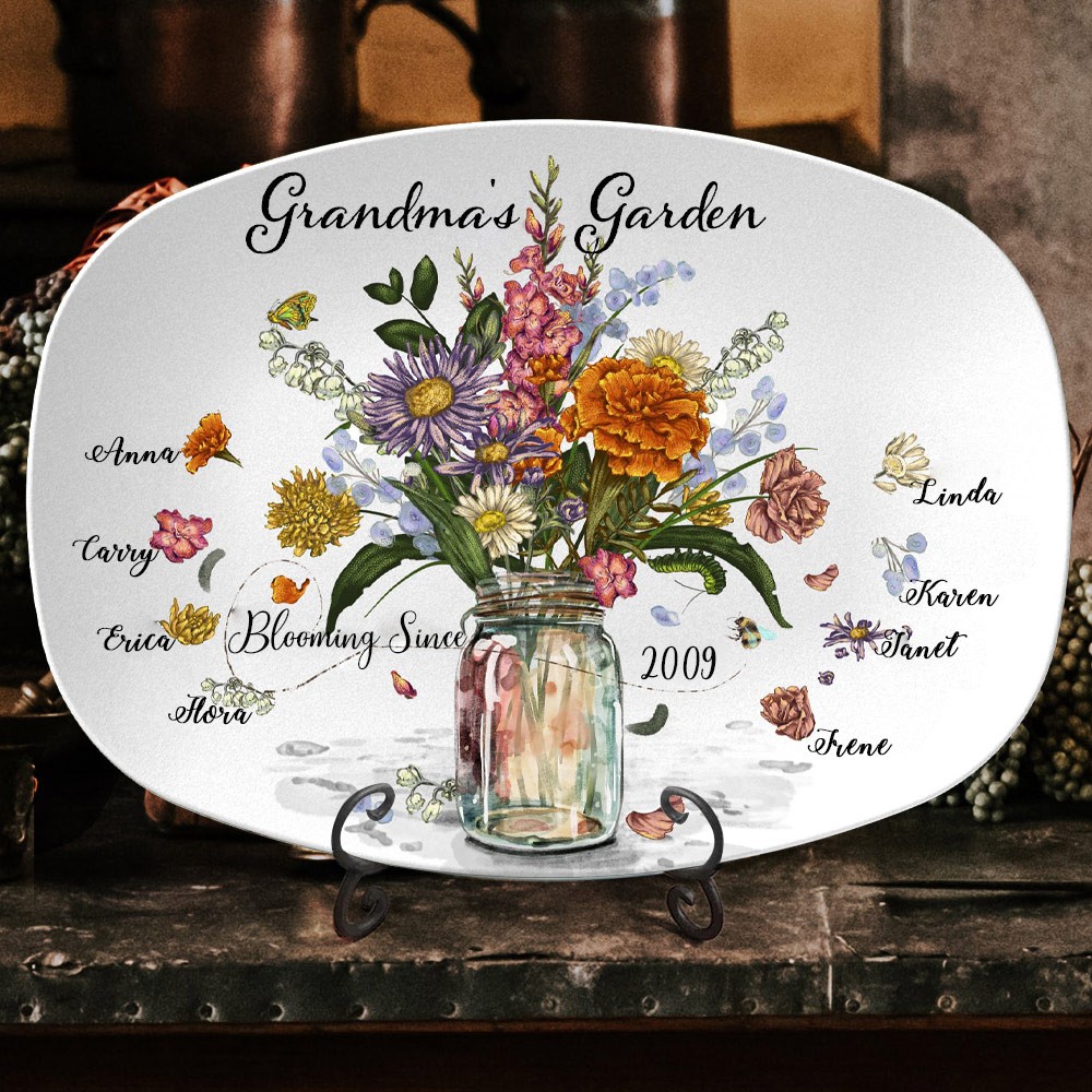 Custom Grandma's Garden Blooming Birth Flower Platter With Grandkids Names Mother's Day Gift Keepsake Gift for Mom Grandma