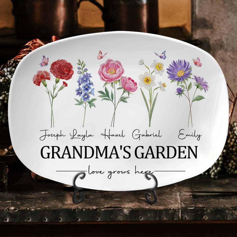 Personalized Love Grows Here Birth Flower Platter Mother's Day Gift