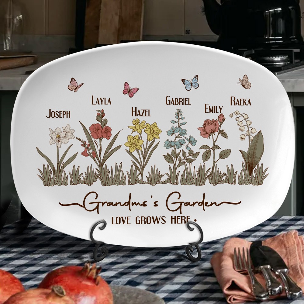 Personalized Grandma's Garden Birth Flower Platter with Names Mother's Day Gift